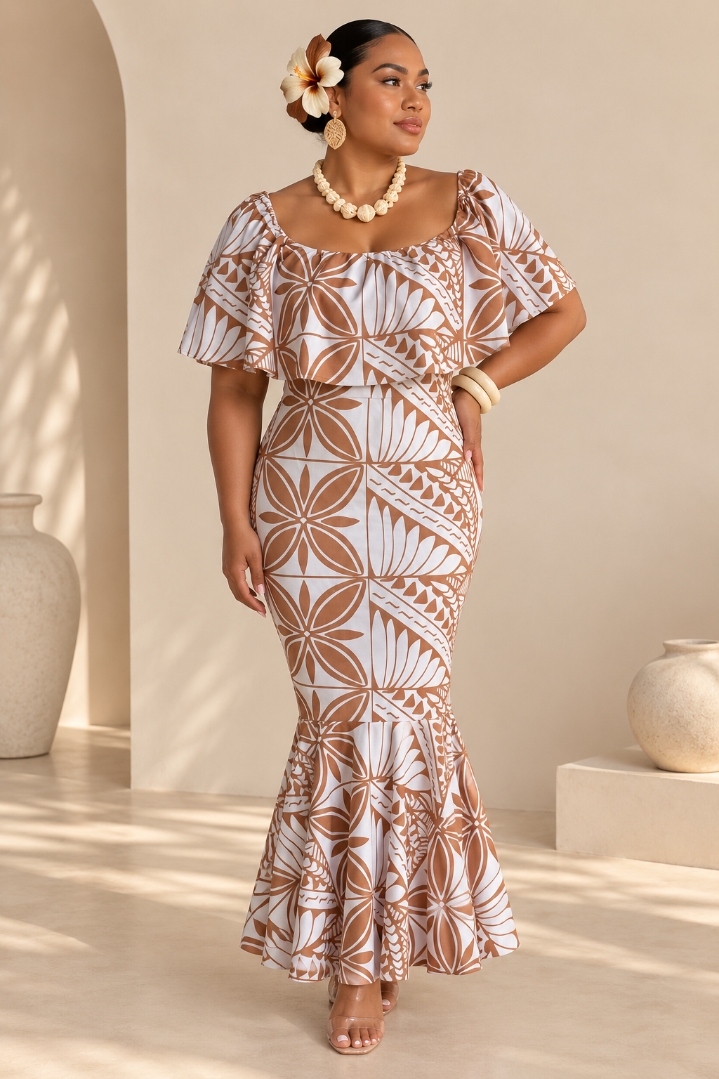 PRE ORDER ONLY - Armania - WHITE/TAN - Women’s Off Shoulder Dress