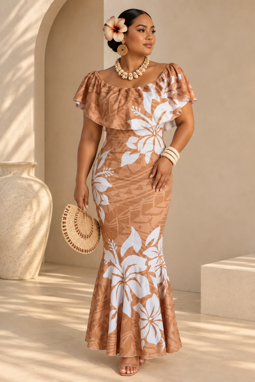 PRE ORDER ONLY - Luxe - CARAMEL/WHITE - Women’s Off Shoulder Dress